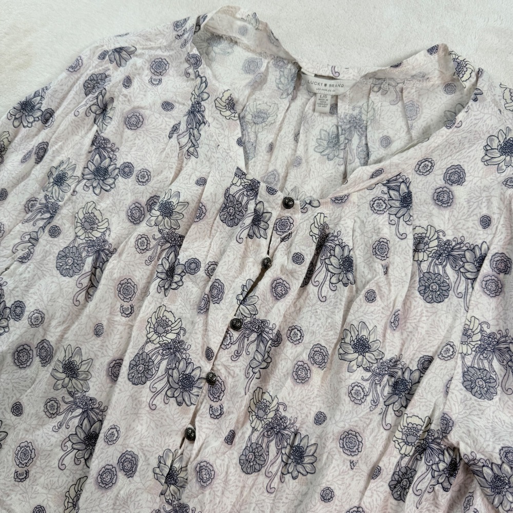 Lucky Brand Womens Purple Floral Long Sleeve Peasant Blouse  Large Boho Tie Cuff